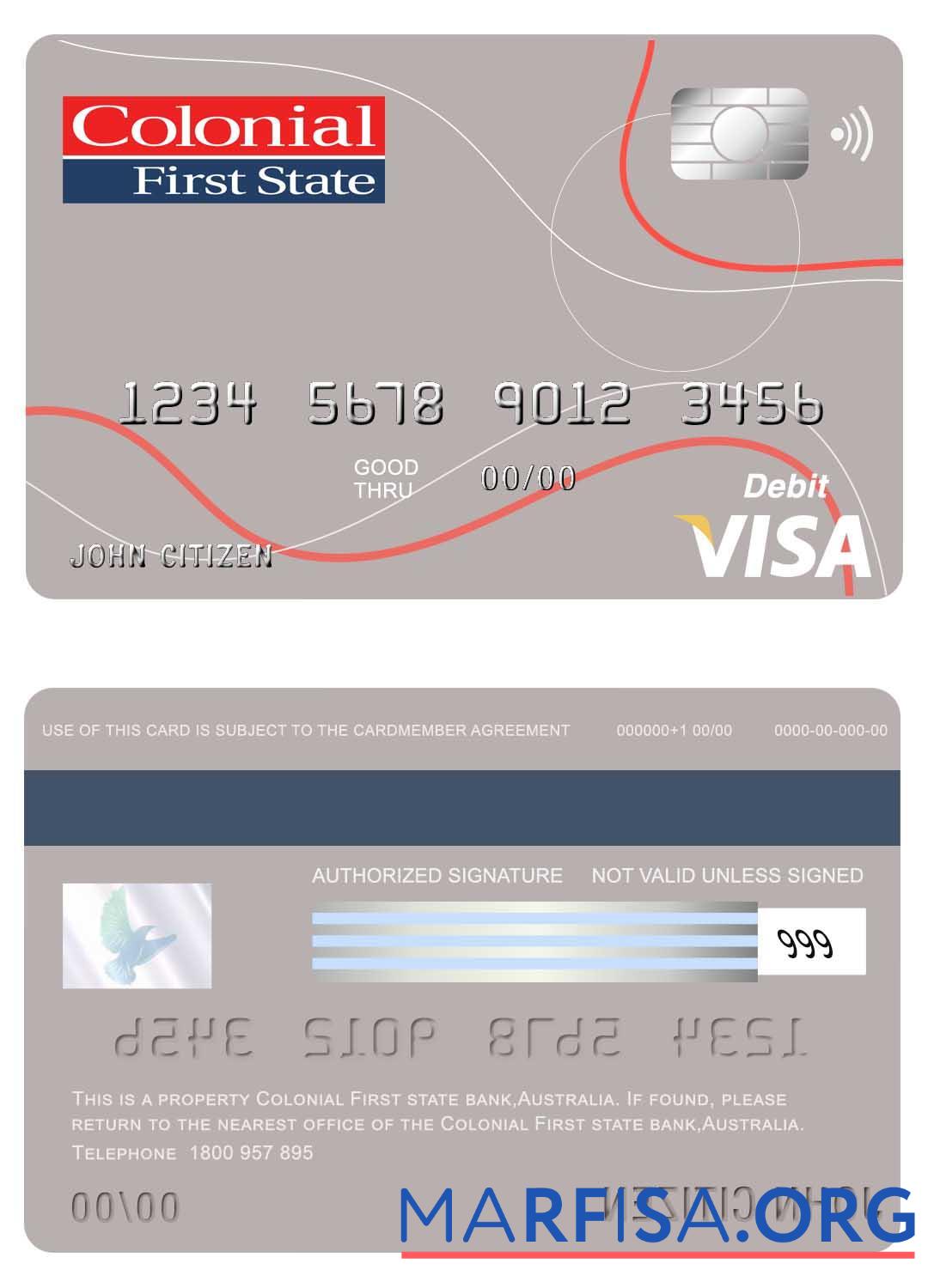 Printable Australia Colonial First State bank visa card download for verification